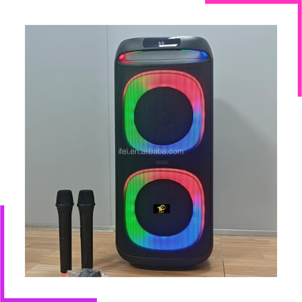 Enceinte Bluetooth karaoké double haut-parleur avec éclairage LED RGB et 2 microphones sans fil
