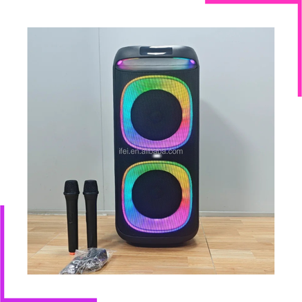 Enceinte Bluetooth karaoké double haut-parleur avec éclairage LED RGB et 2 microphones sans fil