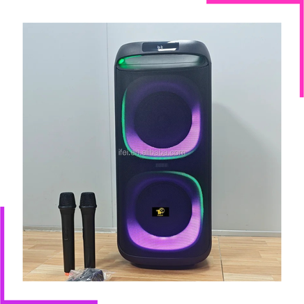 Enceinte Bluetooth karaoké double haut-parleur avec éclairage LED RGB et 2 microphones sans fil