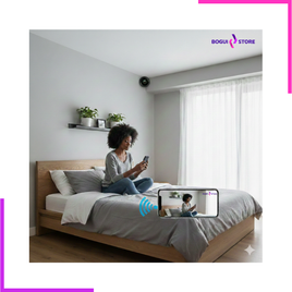 Femme surveillant sa chambre via son smartphone grâce à une caméra miniature connectée.