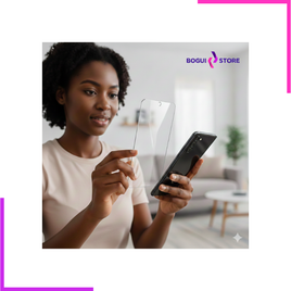 Femme tenant un smartphone et un protège-écran.