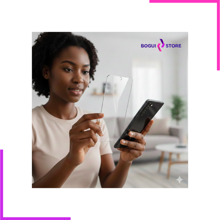 Femme tenant un smartphone et un protège-écran.