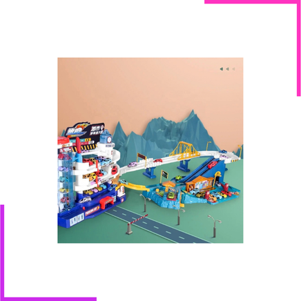 Circuit de voitures et de trains monté avec ses aires de stationnement