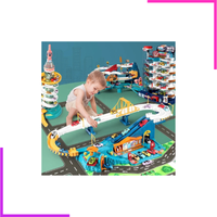 Circuit de voitures présenté avec un décor de dinosaure
