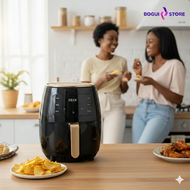 Air fryer 6L noir et or 2400W avec écran tactile numérique pour cuisine.