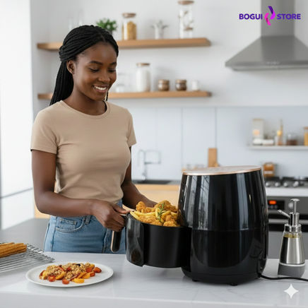 Air fryer 6L noir et or 2400W avec écran tactile numérique pour cuisine.