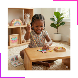 Petite fille  jouant avec un jeu de laçage en bois