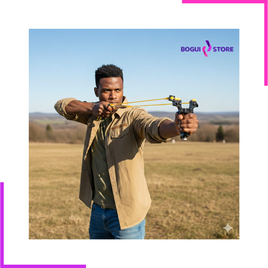 Homme utilisant une lance-pierre de précision en plein air sur des cibles.