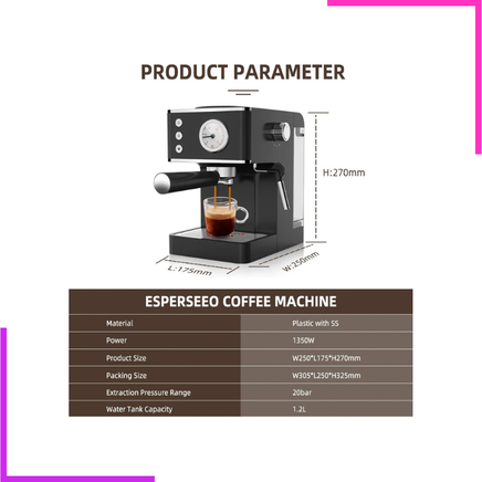 Machine à Café Espresso 20 Bars avec une Cafetière 2-en-1 et un Mousseur à Lait
