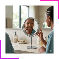 Miroir maquillage double face sur table