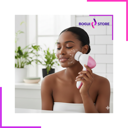 Femme utilisant une brosse nettoyante visage électrique dans sa salle de bain.