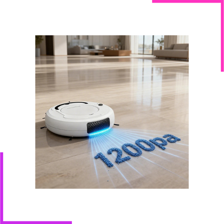 Aspirateur robot BowAI avec une puissance d'aspiration de 1200Pa en action sur un sol brillant.