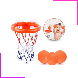 Mini panier de basket de bain avec ventouses et trois petites balles orange.