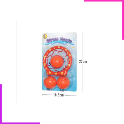 Mini panier de basket de bain avec ventouses et trois petites balles orange.