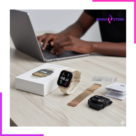 Montre connectée premium et accessoires sur un bureau avec utilisateur.