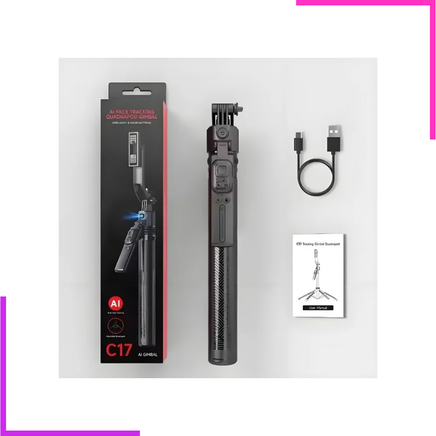 Stabilisateur Gimbal Pliable C17 avec Suivi de Visage IA, Rotation Automatique à 360 Degrés, Perche à Selfie et Trépied pour Smartphone, A