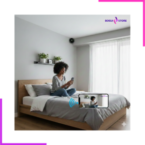 Femme surveillant sa chambre via son smartphone grâce à une caméra miniature connectée.