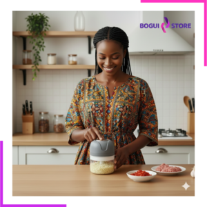 Hachoir électrique gris utilisé par une femme dans une cuisine moderne